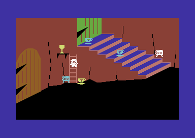 Giant's Revenge (Commodore 64) screenshot: Navigating a ladder and reaching for the trophy