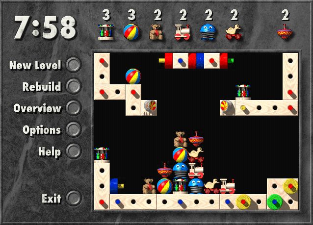 THiNK-X (Windows 3.x) screenshot: Starting a new puzzle. The timer in the top left corner is counting down and the amount of items in use are shown near the top of the screen.