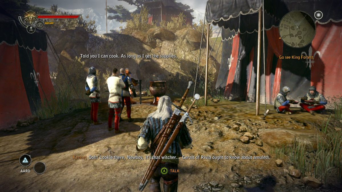 The Witcher 2: Assassins of Kings - Enhanced Edition (Xbox 360) screenshot: You can talk with many NPCs which will basically yield in their single line comment toward you, while certain key characters will engage in multiple-choice conversation.