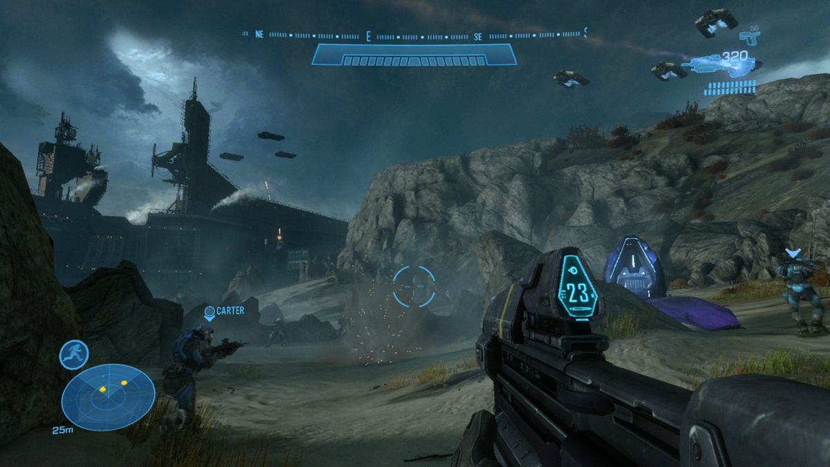 Halo: Reach (Xbox 360) screenshot: Enemy troops suddenly entering the battlefield via drop pods.