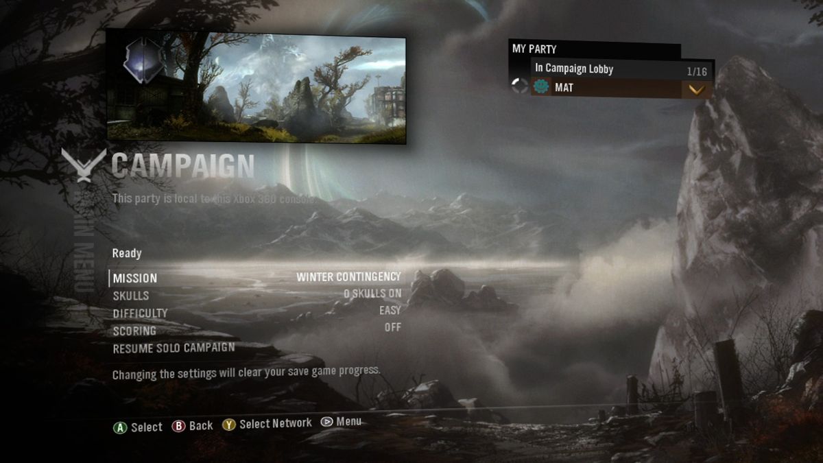 Halo: Reach (Xbox 360) screenshot: Campaign menu lets you re-play any mission you have reached thus far.