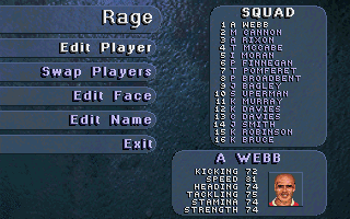 Striker '95 (DOS) screenshot: Probably the only team in the game that you could play with real player names is Rage's team of its own!