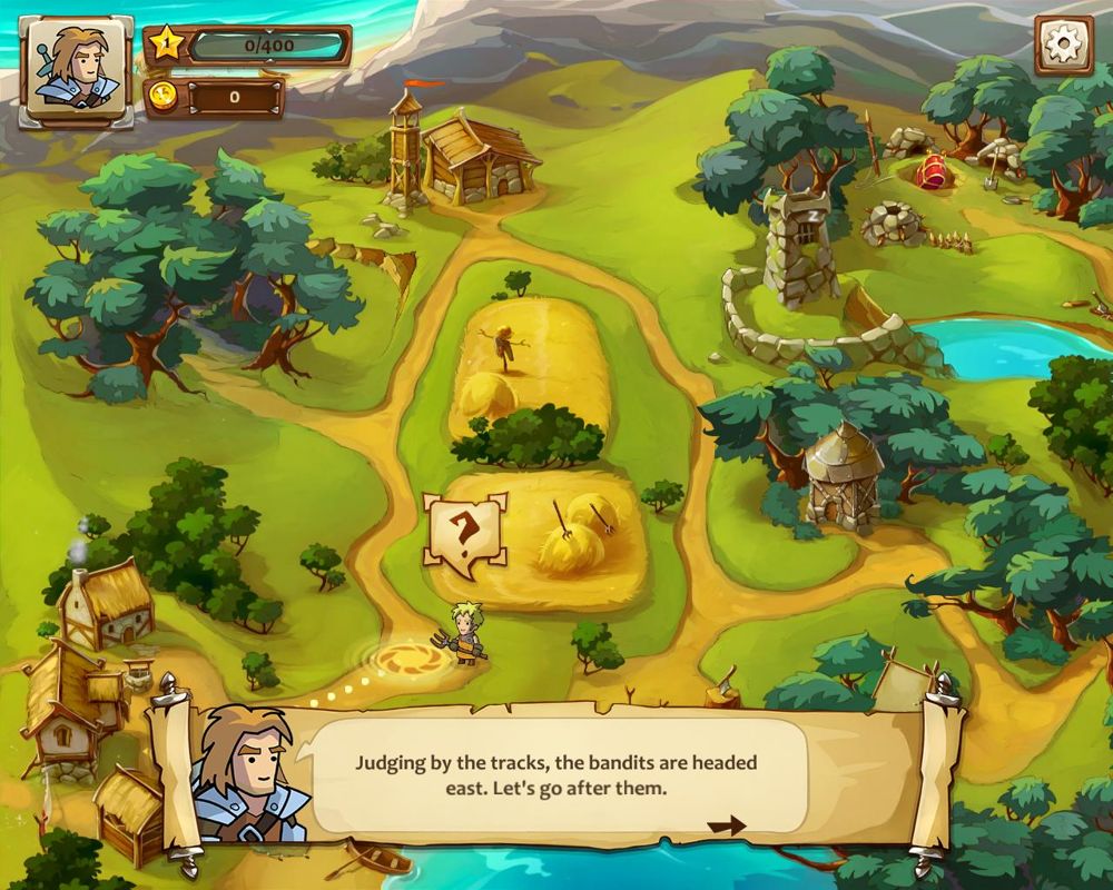 Braveland (Windows) screenshot: Game start - The player can move the character to the nearest location. Moving there will uncover the next event.