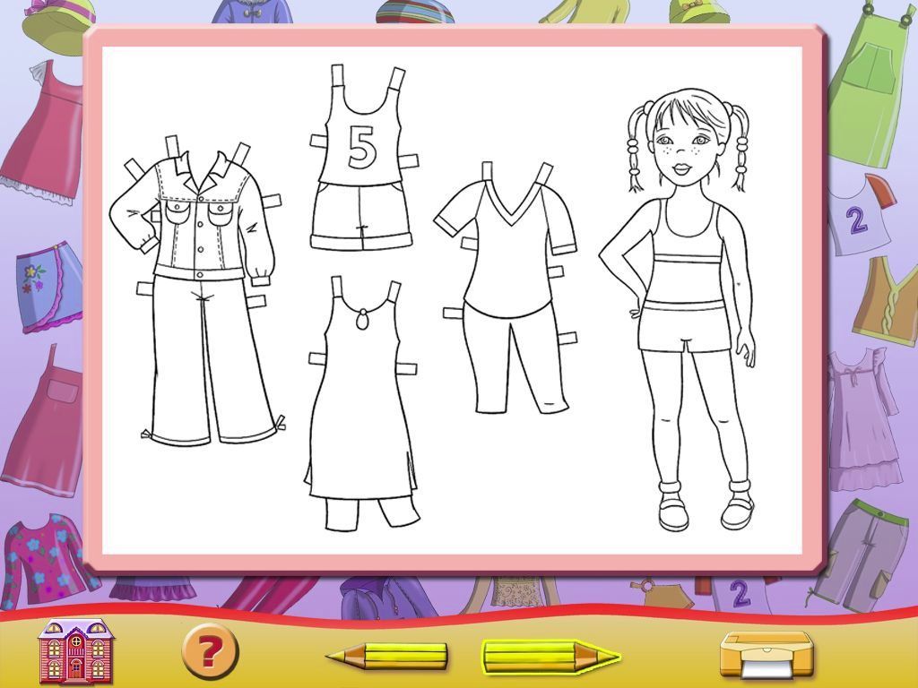 My Doll (Windows) screenshot: This game is played off screen. The player prints off one or more of a series of outfits, colours them in, cuts them out, and then dresses the doll