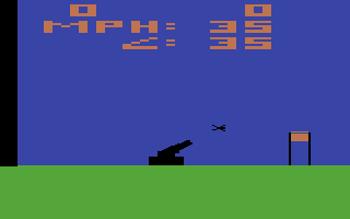 Human Cannonball (Atari 2600) screenshot: Firing a man at a bucket of water!