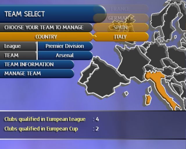 Premier Manager: 2002/2003 Season (PlayStation 2) screenshot: The manager can select any team from the available countries, UK, Spain, France, Germany or Italy. The country selected is highlighted in yellow which is a nice touch
