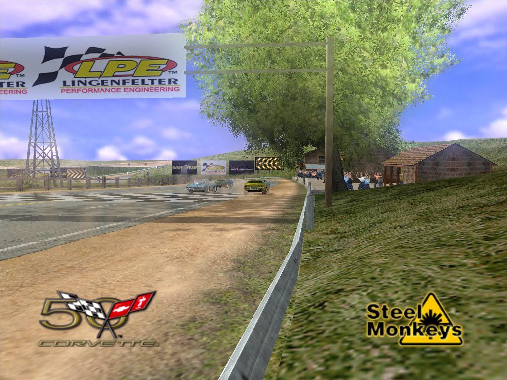 Corvette (Windows) screenshot: Demo mode - passing by the roadhouse, those guys don't look so tough