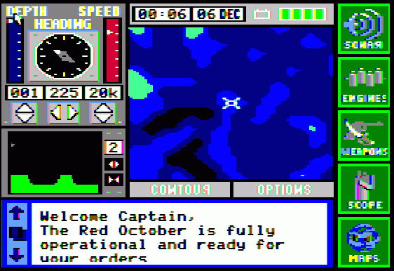 The Hunt for Red October (Apple II) screenshot: The mission begins
