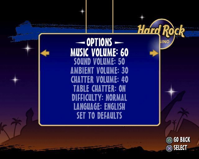 Hard Rock Casino (PlayStation 2) screenshot: The game configuration options<br>The UK release has French, Italian, German and Spanish as alternate language options