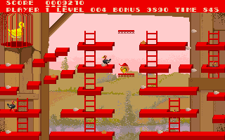 Chuckie Egg (Amiga) screenshot: Use elevators to reach higher platforms
