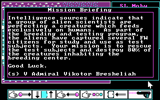 Breach (DOS) screenshot: Whats our assignment, anyway? The mission briefing.