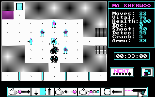 Breach (DOS) screenshot: The squad has entered an underground level  and is promptly attacked by warbeasts.