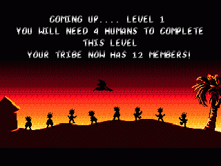 The Humans (Genesis) screenshot: Before each level you are told with how many humans to solve it.