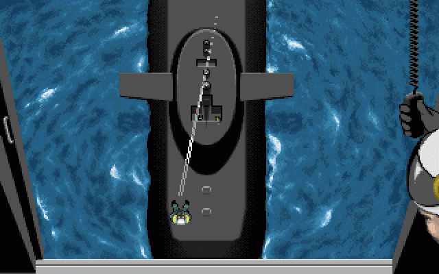 The Hunt for Red October (DOS) screenshot: First Level - try to deliver Jack safely near the submarine...