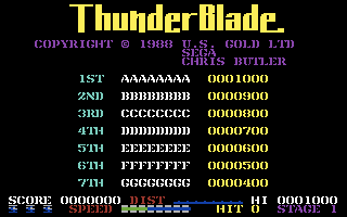ThunderBlade (Commodore 64) screenshot: Title screen and scores