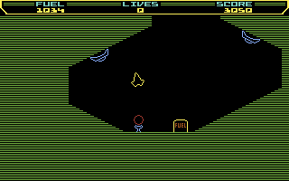 Thrust (Commodore 64) screenshot: Don't crash into the walls in this cave!