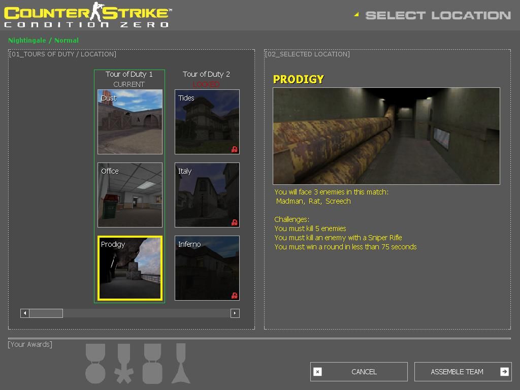 Counter-Strike: Condition Zero (Windows) screenshot: Classic CS maps are laid out as "missions" with specific objectives and challenges