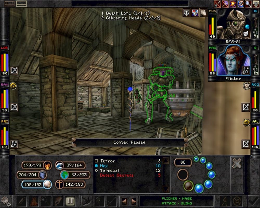 Wizardry 8 (Windows) screenshot: The "Hex" spell, like many others, can be targeted close by or far away. You can also select the strength (or longevity) of the spell by clicking on one of the circles in the selection screen.