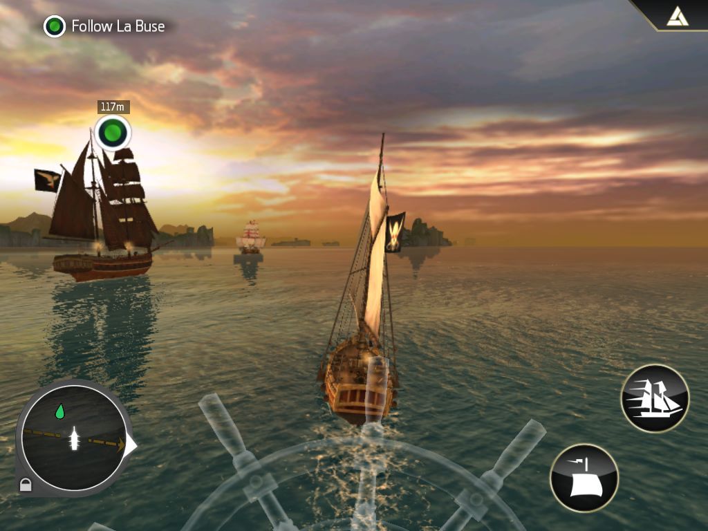 Assassin's Creed: Pirates (iPad) screenshot: Pinch in or out changes your view but keeps the ship's wheel context for any direction changes