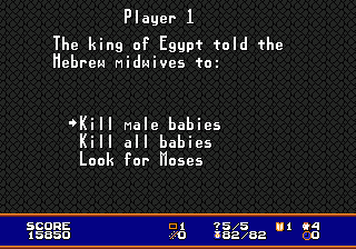 Exodus: Journey to the Promised Land (Genesis) screenshot: The round of trivia after each level, correct answers give additional bibles.