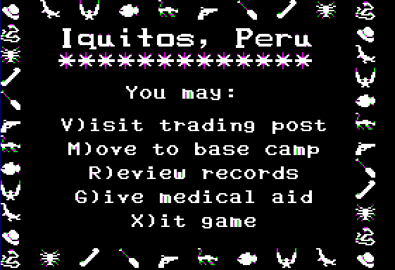 Expedition Amazon (Apple II) screenshot: Iquitos, Peru where you equip and rest