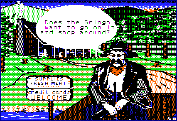 Expedition Amazon (Apple II) screenshot: The trading post (no you can't actually use a credit card!)