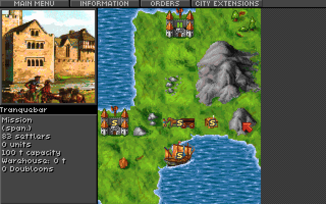 Exploration (DOS) screenshot: Conquering a new settlement