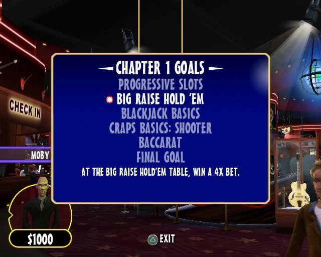 Hard Rock Casino (PlayStation 2) screenshot: Adventure mode is divided into chapters and each chapter has a set of goals. The 'Final Goal' is unlocked by completing four sub-goals