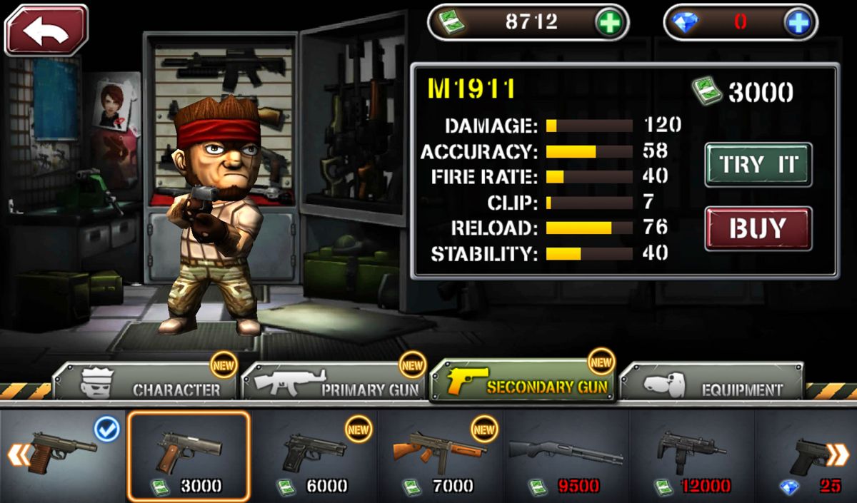 Gun Strike 2 (Android) screenshot: Upgrade screen. New characters can be bought here as well.