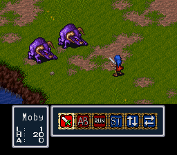 Breath of Fire (SNES) screenshot: Random battle against two pigs... or whatever they are.
