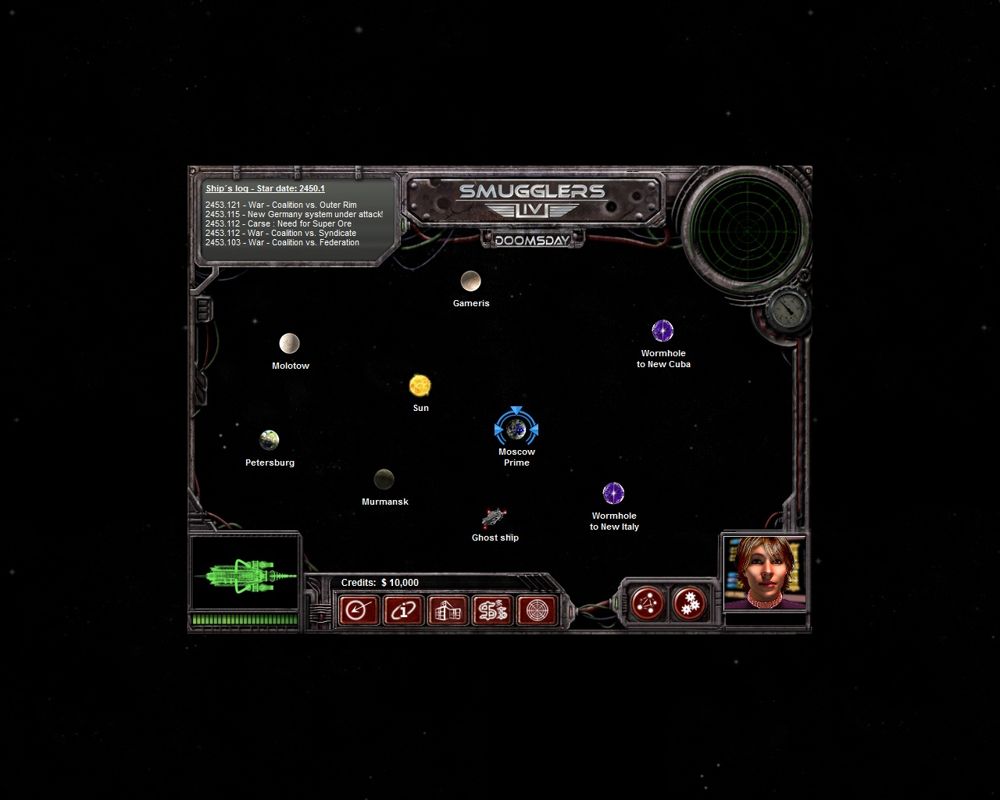 Smugglers IV: Doomsday (Windows) screenshot: Game start - The local star system of faction's capital. Random locations may also pop up each new turn.