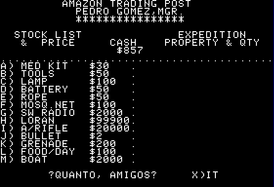 Expedition Amazon (Apple II) screenshot: Shopping for equipment