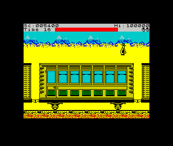 Express Raider (ZX Spectrum) screenshot: Won a battle, and about to jump to the next carriage