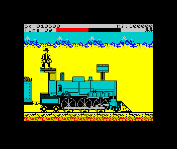 Express Raider (ZX Spectrum) screenshot: Got to the front, hence the money bags