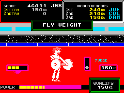 Hyper Sports (ZX Spectrum) screenshot: Weight Lifting