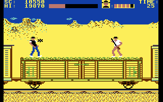 Express Raider (Commodore 64) screenshot: Careful, this guy has a gun!