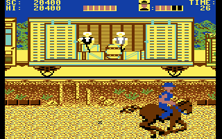 Express Raider (Commodore 64) screenshot: Shoot those guys hiding in the train!