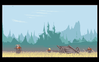 Lure of the Temptress (DOS) screenshot: Look at the peasants in the field and the nice backdrop (from intro)