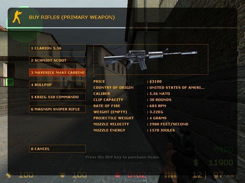 Counter-Strike: Source (Windows) screenshot: "Real world" weapons have slightly different names for legal reasons.