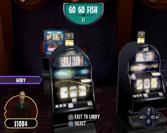 Hard Rock Casino (PlayStation 2) screenshot: Moving round the slots in the Hard Rock casino. There's Video Poker, Go Fish, Area 51, Hard Rock, Video Keno, Money Train, Travel and Poker 4x4