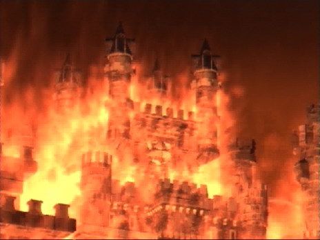 Shining Force III (SEGA Saturn) screenshot: A burning castle (Intro)