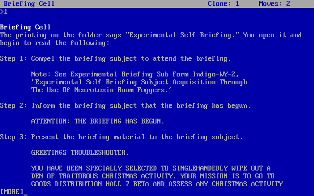 Paranoia (DOS) screenshot: Setting up the plot and scenario.