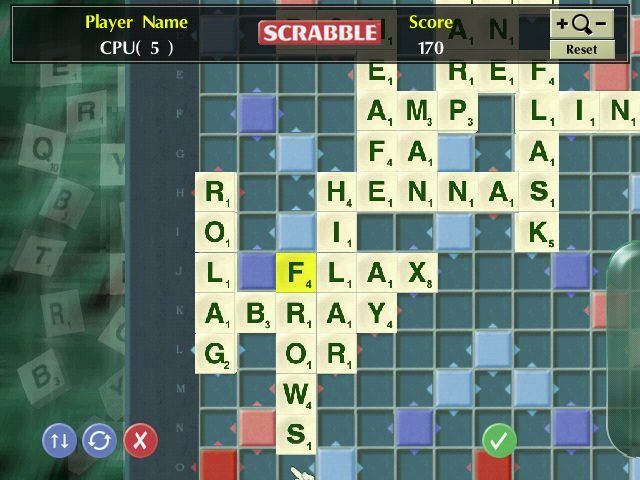 Scrabble (Windows) screenshot: Rolag, Frows, Hilar, Congii and Neafe! The CPU on level five has a great vocabulary and takes some beating.