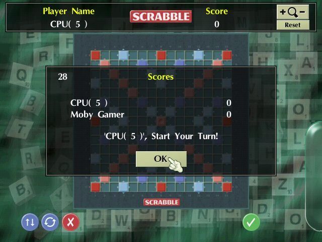 Scrabble (Windows) screenshot: In this game it's the computer that plays first. This game has been configured for thirty seconds per turn
