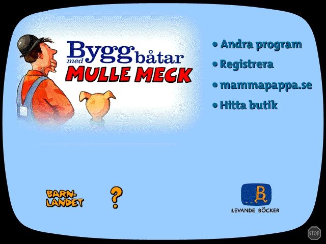 Bygg båtar med Mulle Meck (Windows) screenshot: Launcher menu - all screens are 256 colors at 640x480 pixels, filled out with black borders for larger resolutions. The question mark activates the built-in help.