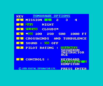 Tomahawk (ZX Spectrum) screenshot: Main options menu