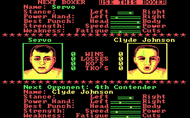 TKO (DOS) screenshot: Set up your boxer (CGA)
