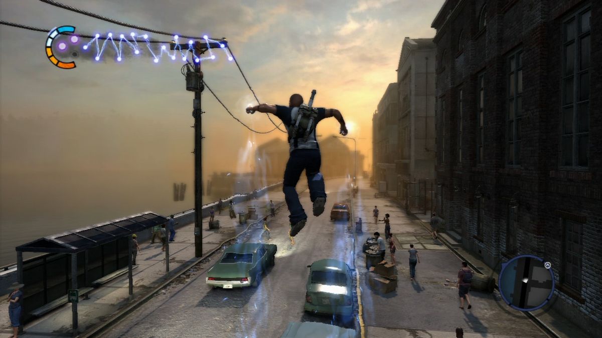 inFAMOUS 2 (PlayStation 3) screenshot: Testing your new power that lets you jump higher when you're on a car.