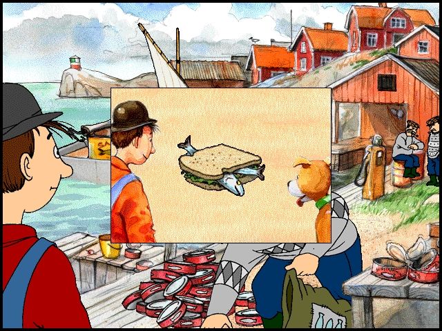 Bygg båtar med Mulle Meck (Windows) screenshot: 'Surströmming' on toast - an acquired taste - Mulle is ecstatic.