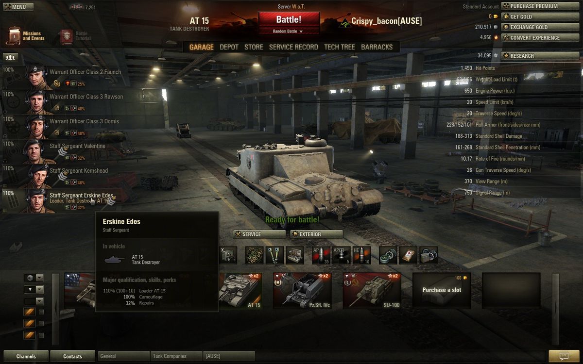 World of Tanks (Windows) screenshot: The game got a big overhaul with the 9.0 patch in April 2014, including the addition of the Havok physics engine. Here the new standard garage is shown.